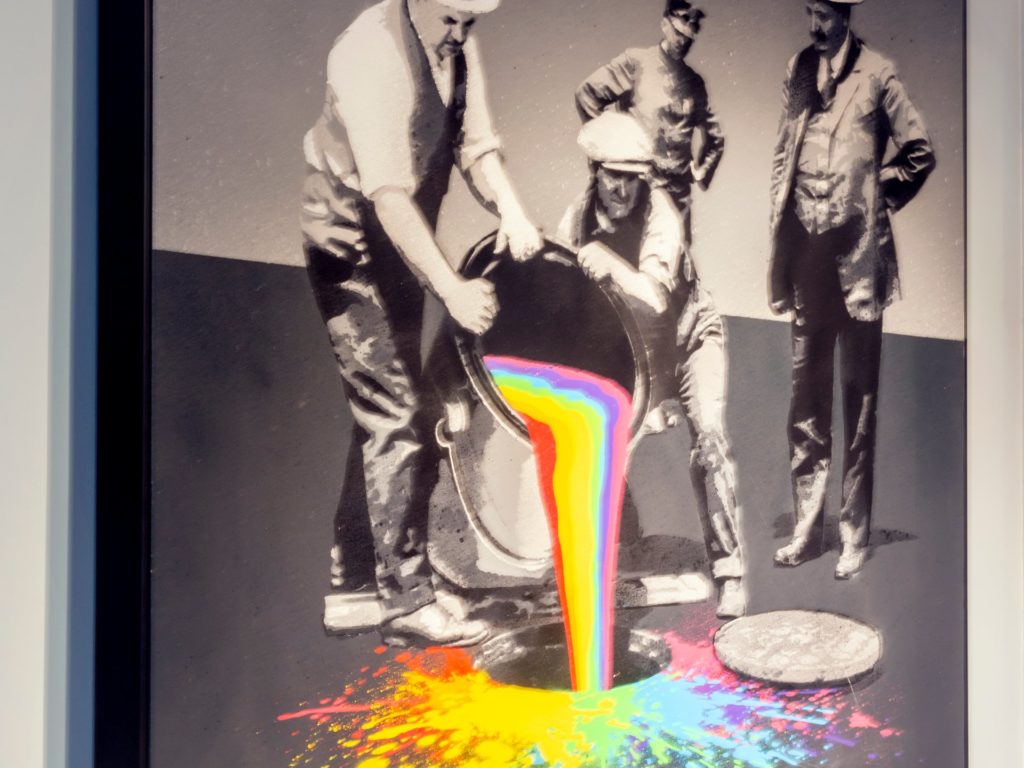 The Hendrick artwork mix of colour and black and white