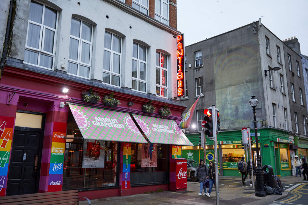 A picture of Panti Bar on Capel Street, a prominent location of Dublin Pride 2024. The bar is adorned in Rainbow flags and paint.