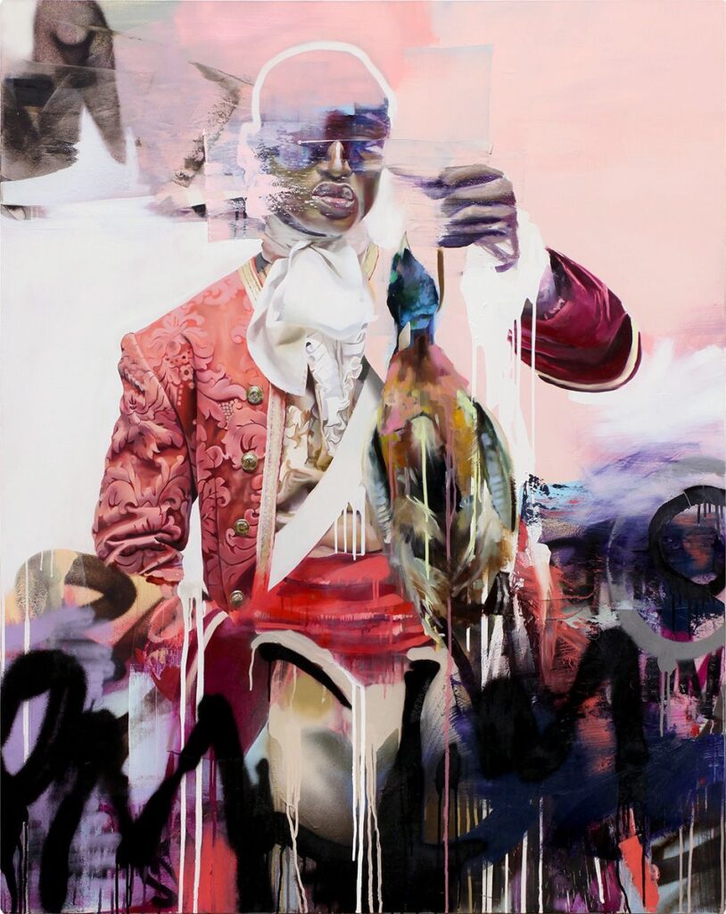 A portrait of street art by Conor Harrington, depicting a man in a red war jacket holding a grouse