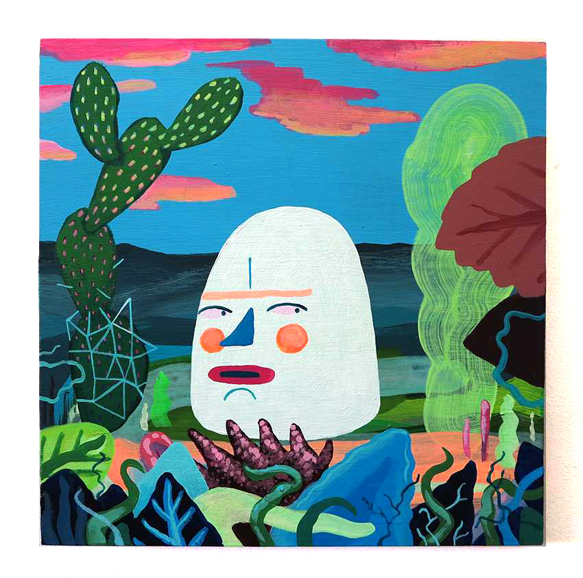 A portrait of street art by James Kirwan depicting an egg head sitting on a wall in a colour filled swap with pink clouds against a blue sky backdrop. 